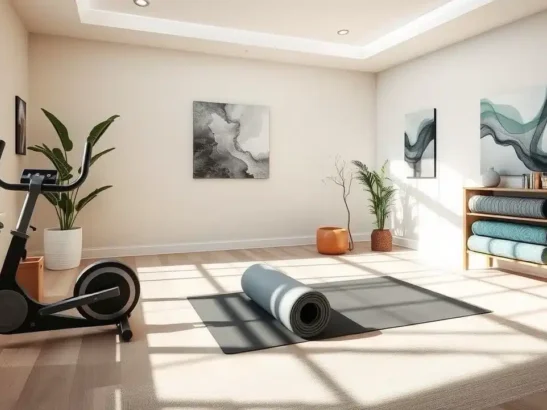 Luminosa palestra domestica con cyclette, tappetino da yoga e spazio per gli accessori da yoga per seduta di Fisioterapia Ortopedica a Domicilio Roma e Fisioterapista a domicilio a Roma Eur