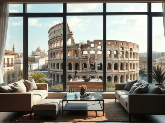 Appartamento di lusso con vista sul Colosseo; soggiorno moderno con divani beige per indicare la FISIO TERAPIA A CASA ROMA