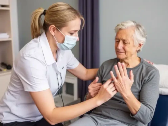 Un'infermiera esamina le mani di un anziano per individuare i sintomi dell'artrite ed effettuare la riabilitazione neurofisiologica a domicilio roma fisio tibi
