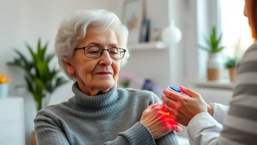 Una donna anziana riceve da un'assistente la terapia con luce rossa per alleviare il dolore per TERAPIA STRUMENTALE DOMICILIARE ROMA