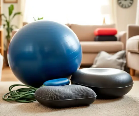 Attrezzatura per fisioterapia domiciliare a Roma, inclusa palla blu da ginnastica e cuscini per esercizi su un tappeto in soggiorno.