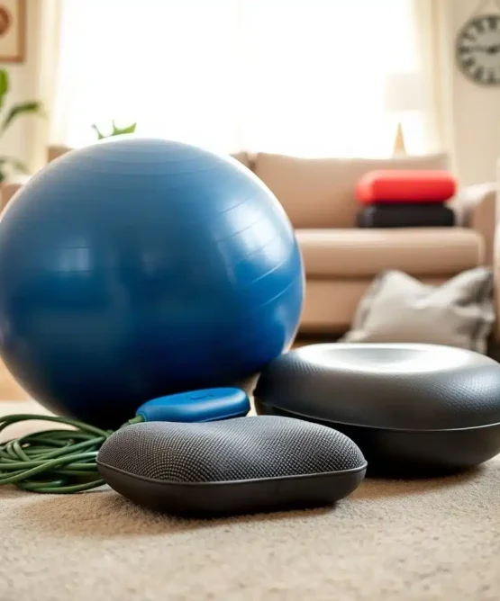Attrezzatura per fisioterapia domiciliare a Roma, inclusa palla blu da ginnastica e cuscini per esercizi su un tappeto in soggiorno.