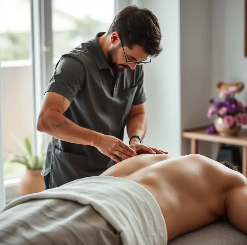 Massaggiatore maschio che esegue un massaggio alla schiena su un cliente durante una seduta di terapia manuale e massoterapia a domicilio Roma