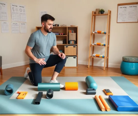 Uomo che mostra le tecniche di foam rolling con vari rulli e attrezzature per la Ortopedica fisioterapia a domicilio roma