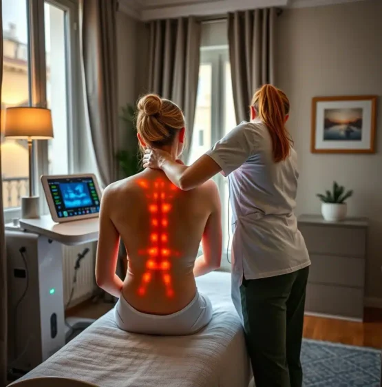 Donna sottoposta a trattamento per il mal di schiena con terapia della luce rossa per ROMA TERAPIA STRUMENTALE A DOMICILIO