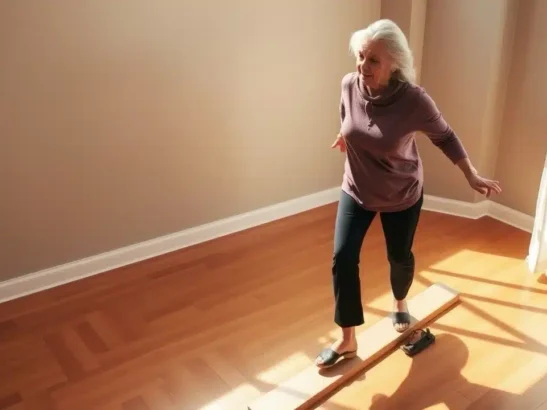 Donna anziana che pratica l'equilibrio su una trave di legno, migliorando mobilità e forza con la fisioterapia geriatrica a casa roma