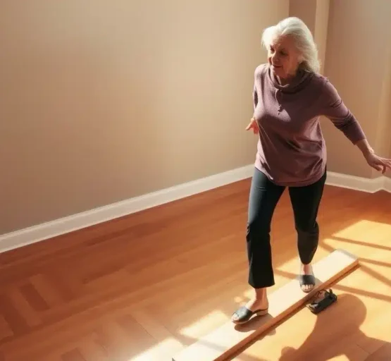 Donna anziana che pratica l'equilibrio su una trave di legno, migliorando mobilità e forza con la fisioterapia geriatrica a casa roma