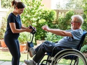 Fisioterapista aiuta un anziano in sedia a rotelle a fare esercizi per le gambe all'aperto.
